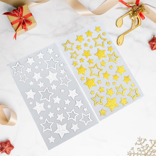 AINIUNIU 10 Blätter Sticker Stern Aufkleber Glitzer, Selbstklebende Stern Aufkleber, Glitzerstern Aufkleber, für Scrapbooking, DIY-Grußkarten, Basteln, Weihnachtskarten Deko (Gold und Silber) von AINIUNIU