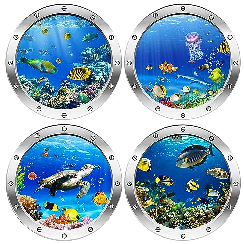 AINIUNIU 3D Wandtattoo Unterwasserwelt, 4 Stück 3D Wandtattoo Unterwasserwelt,Wandsticker Badezimmer Bilder,3D Hai Wandtattoo Kinderzimmer, Meerestiere Sticker für Schlafzimmer (fish) von AINIUNIU