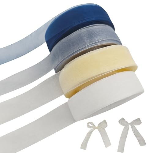 AINIUNIU 4 Rollen Organzaband 45m x 25mm, Geschenkband Transparentes Schleifenband und Dekoband für Halloween Geschenkverpackung und Hochzeitsdekoration (Weiß, Cremefarben, Silber grau, Navy blau) von AINIUNIU