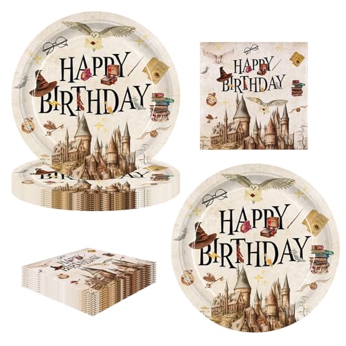 AINIUNIU 40 Stück Wizard Geburtstags Deko, Magischer Wizard Partygeschirr Set, HP Geburtstag Deko, 20 Pappteller, 20 Servietten, Happy Birthday Deko Servietten Pappteller (20 Gäste, 7 Zoll) von AINIUNIU