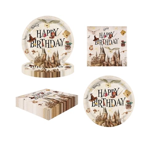 AINIUNIU 40 Stück Wizard Geburtstags Deko, Magischer Wizard Partygeschirr Set, HP Geburtstag Deko, 20 Pappteller, 20 Servietten, Happy Birthday Deko Servietten Pappteller (20 Gäste, 7 Zoll) von AINIUNIU