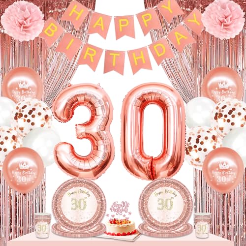 30 Geburtstag Frauen Deko Kit Rose Gold, Partygeschirr 30 Geburtstag 16 Gäste, Party Deko 30 jahre, Luftballon 30. Geburtstag , Banner, Teller, Becher, Cake Topper, für Partydeko 30. Geburtstag Frau von AIOSUY