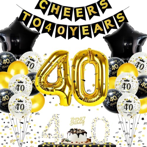 40 Geburtstag Deko Schwarz Gold,Luftballons 40.Geburtstag Gold Schwarz,"CHEER TO 40 YEAES" Banner,18 Latexballons, Konfetti,Folienballon,11 Cupcake Toppers,Party Deko Geburtstag Schwarz Gold von AIOSUY