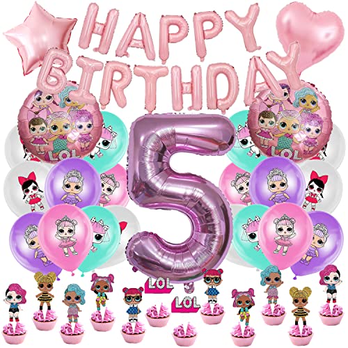 Geburtstag Deko Set 58 pcs, Partyzubehör, Luftballons, Nummer 5 Ballon, Geburtstag Banner, Cupcake Topper, für Mädchen Kinder Geburtstag Party von AIOSUY