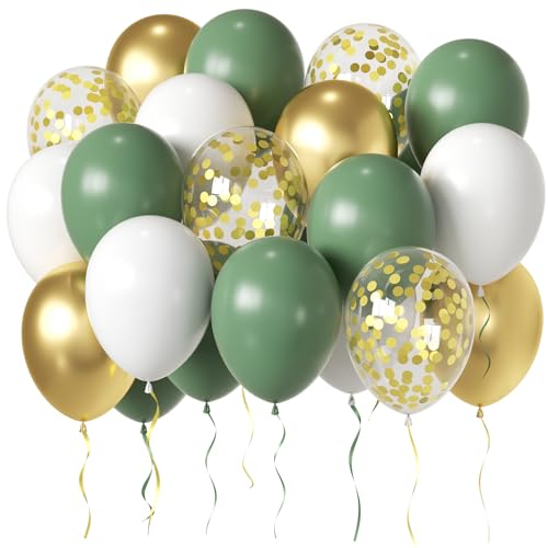 Grüne Luftballons Salbei Grün Gold Weiß Luftballons Hochzeit Set, 50 Stück 30cm Retro Grün Gold Latex Luftballons Helium Luftballons für Geburtstag Hochzeit Babyparty Safari Jubiläum Party Deko von AIOZX