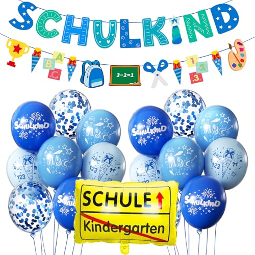 SCHULKIND Deko Einschulung Junge, Einschulung Schuleinführung Schulanfang Deko Set, Girlande Schulanfang + Zuckertüten Banner + 16 Luftballon mit ABC 123 Schultüte Motiv Konfetti Folienballon SCHULKIND Deko Einschulung Junge, Einschulung Schuleinführung Schulanfang Deko Set, Girlande Schulanfang + Zuckertüten Banner + 16 Luftballon mit ABC 123 Schultüte Motiv Konfetti Folienballon von AIOZX