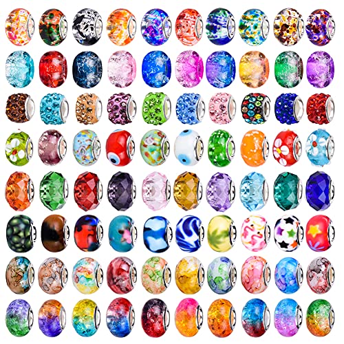 120 Stück sortierte europäische Bastelperlen großes Loch Lampwork Spacer Perlen bunte europäische Perlen für DIY Halskette Armband Schmuckherstellung (Out Flower) von AIPRIDY