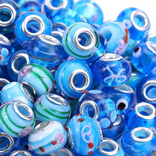 AIPRIDY 50 Stück 15 x 11 mm Murano-Glasperlen mit großem Loch mit silbernen Messingkernen, europäische Perlen für die Schmuckherstellung (Aqua) von AIPRIDY