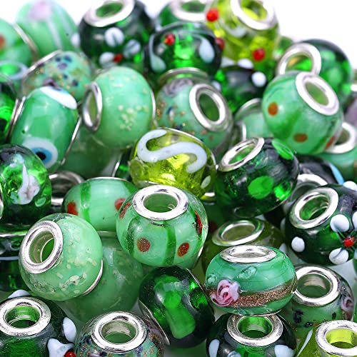 AIPRIDY 50 Stück 15 x 11 mm Murano Großes Loch Glasperlen mit silbernen Messingkernen europäische Perlen für Schmuckherstellung (grün) von AIPRIDY