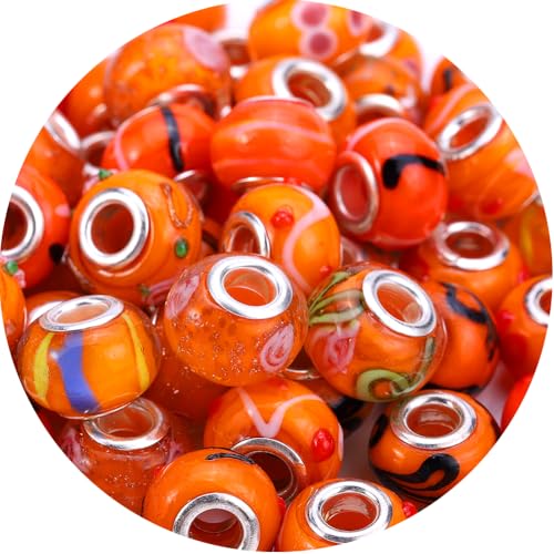 AIPRIDY Murano-Glasperlen mit großem Loch, 15 x 11 mm, mit silbernen Messingkern, europäische Perlen für Schmuckherstellung, Orange, 50 Stück von AIPRIDY