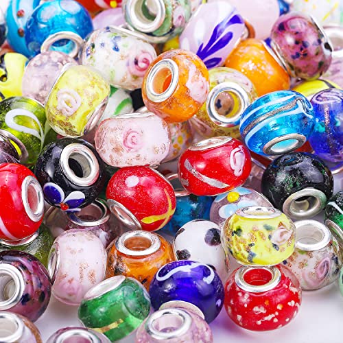 AIPRIDY Murano-Glasperlen mit großem Loch, 15 x 11 mm, mit silbernen Messingkernen, europäische Perlen für Schmuckherstellung, gemischte Blumen und Farben, 50 Stück von AIPRIDY