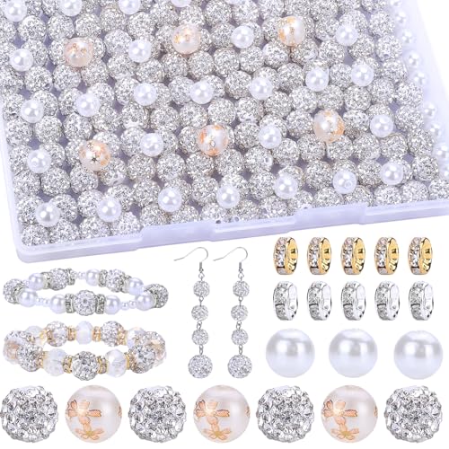 AIPRIDY Schmuckherstellungsperlen-Set, 300 Stück, 10 mm, Strass-Ton-Perlen, 8 mm, gemischte Farben, Abstandshalter mit Perlen und Blumenperlen für DIY-Schmuckherstellung (weiß) von AIPRIDY