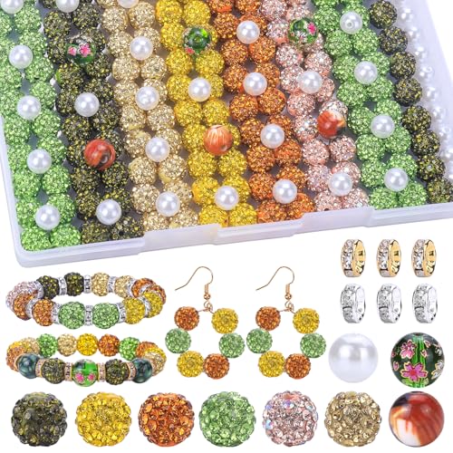 AIPRIDY Schmuckherstellungsperlen-Set, 300 Stück, 10 mm, Strass-Ton-Perlen, 8 mm, gemischte Farben, Abstandshalter mit Perlen und floralen Perlen für DIY-Schmuckherstellung (Grün + Orange + Zitrone) von AIPRIDY