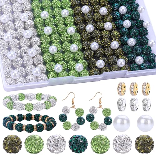 AIPRIDY Schmuckherstellungsperlen-Set, 300 Stück, 10 mm, Strass-Ton-Perlen, 8 mm, gemischte Farben, Abstandshalter mit Perlen und floralen Perlen für DIY-Schmuckherstellung (Serie Weiß + Grün) von AIPRIDY
