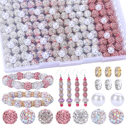 AIPRIDY Schmuckherstellungsperlen-Set, 300 Stück, 10 mm, Strass-Ton-Perlen, 8 mm, gemischte Farben, Abstandshalter mit Perlen und floralen Perlen für DIY-Schmuckherstellung (Serie Weiß + Rosa) von AIPRIDY