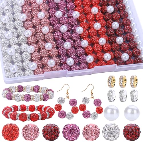 AIPRIDY Schmuckherstellungsperlen-Set, 300 Stück, 10 mm, Strass-Ton-Perlen, 8 mm, gemischte Farben, Abstandshalter mit Perlen und floralen Perlen für DIY-Schmuckherstellung (Serie Weiß + Rot) von AIPRIDY