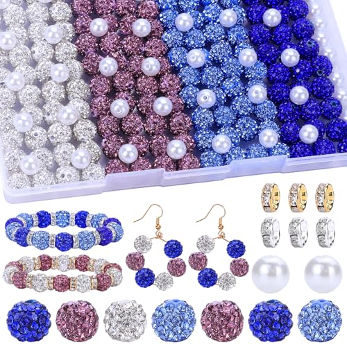 AIPRIDY Schmuckherstellungsperlen-Set, 300 Stück, 10 mm, Strass-Ton-Perlen, 8 mm, gemischte Farben, Abstandshalter mit Perlen und floralen Perlen für DIY-Schmuckherstellung (Weiß + Lila + Blau) von AIPRIDY