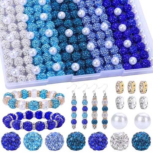 AIPRIDY Schmuckherstellungsperlen-Set, 300 Stück, 10 mm, Strass-Ton-Perlen, 8 mm, gemischte Farben, Abstandshalter mit Perlen und floralen Perlen für DIY-Schmuckherstellung (weiße und blaue Serie) von AIPRIDY
