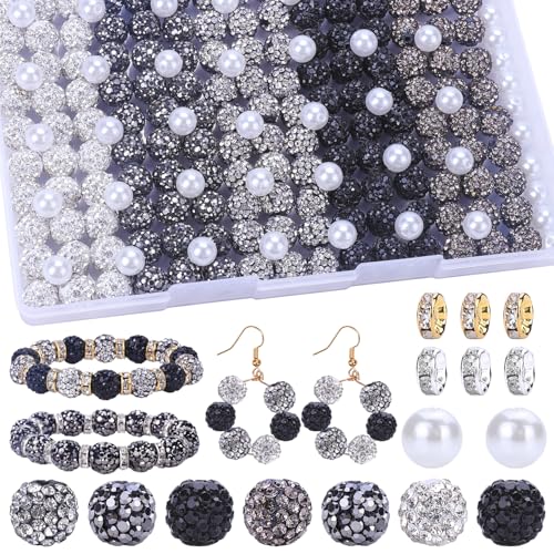 AIPRIDY Schmuckherstellungsperlen-Set, 300 Stück, 10 mm, Strass-Ton-Perlen, 8 mm, gemischte Farben, Abstandshalter mit Perlen und floralen Perlen für DIY-Schmuckherstellung (weiße und schwarze Serie) von AIPRIDY