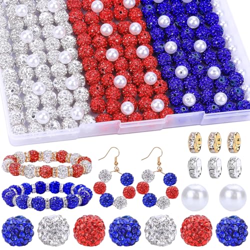 AIPRIDY Schmuckherstellungsperlen-Set, 300 Stück, 10 mm, Strass-Ton-Perlen, 8 mm, gemischte Farben, Strass-Abstandshalter mit Perlen und floralen Perlen für DIY-Armbänder, Halsketten (Rot + Weiß + von AIPRIDY