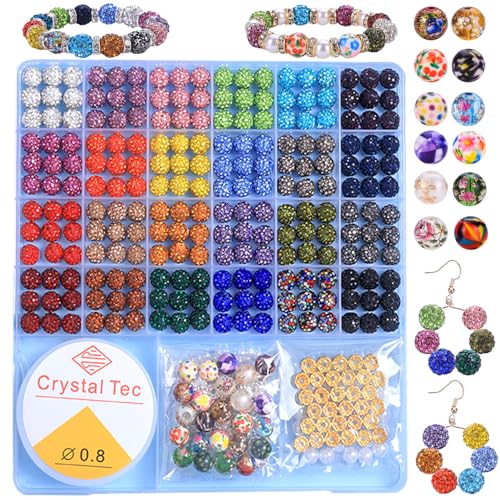 AIPRIDY Schmuckherstellungsperlen-Set, 540 Stück, 10 mm, Strass-Ton-Perlen, 8 mm, gemischte Farben, Strass-Abstandshalter mit Perlen und floralen Perlen für DIY-Armbänder, Halsketten (zufällige von AIPRIDY