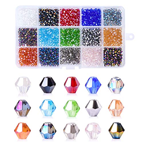 AIPRIDY Supplies Handgefertigte Glasperlen zum Basteln, bunte Briolette-Kristalle, Doppelkegel, mit Aufbewahrungsbox, ideal für Charm-Schmuckherstellung (4 mm, AB-Farbe) von AIPRIDY