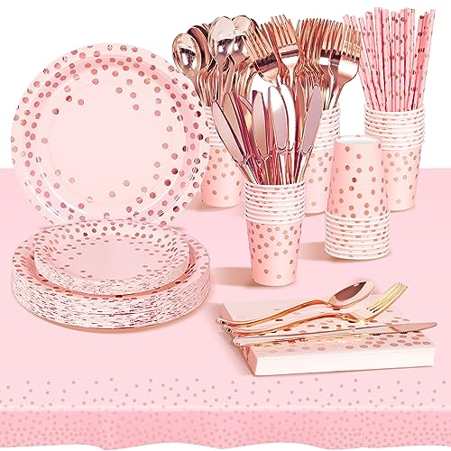 AIPartywar Partygeschirr Kindergeburtstag 226 Stück Rosa-Rose-Gold Pappteller Mädchen Party Geschirr Set Geburtstagdeko mit Pappbecher, Pappteller, Tischdecke, Servietten und mehr 25 Gäste von AIPartywar