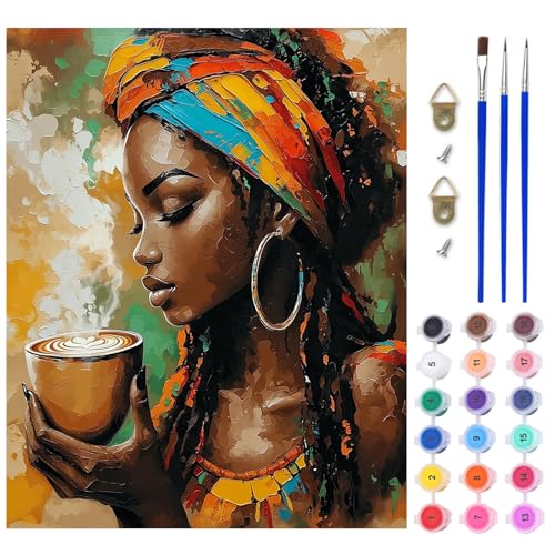 AIRDEA Afrikanische Frau Malen nach Zahlen Erwachsene, DIY Handgemalt Ölgemälde Kit, Kaffee Paint by Numbers mit 3-Pinseln und Acrylfarbe 40x50 cm (Ohne Rahmen) von AIRDEA