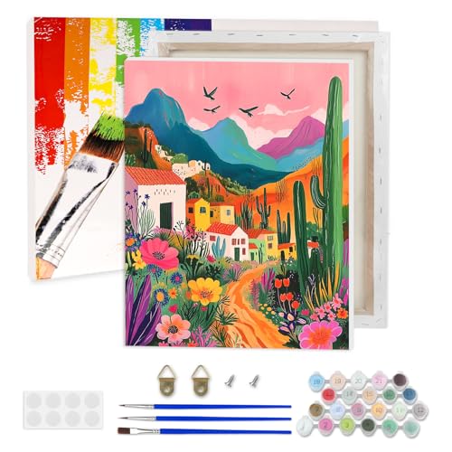 AIRDEA Berglandschaft Malen nach Zahlen Erwachsene, Kakteen DIY Handgemalt Ölgemälde Kit, Paint by Numbers mit 3-Pinseln und Acrylfarbe 30x40 cm (Gerahmt) von AIRDEA