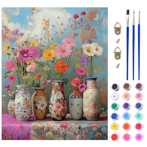 AIRDEA Blumen Malen nach Zahlen Erwachsene, DIY Handgemalt Ölgemälde Kit, Jahrgang Vase Paint by Numbers mit 3-Pinseln und Acrylfarbe 40x50 cm (Ohne Rahmen) von AIRDEA