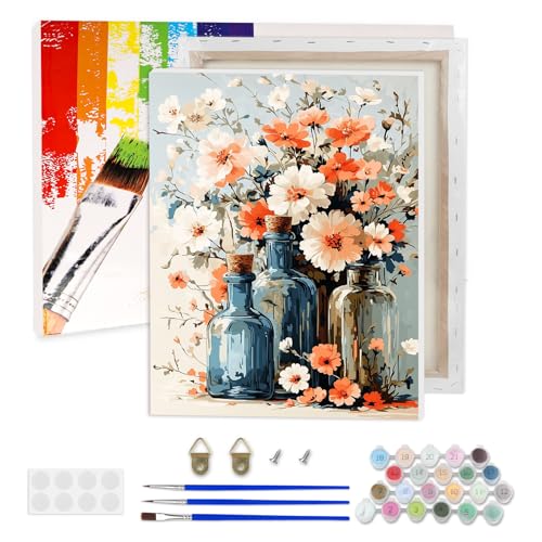 AIRDEA Blumenflaschen Malen nach Zahlen Erwachsene, Blumen DIY Handgemalt Ölgemälde Kit, Paint by Numbers mit 3-Pinseln und Acrylfarbe 30x40 cm (Gerahmt) von AIRDEA