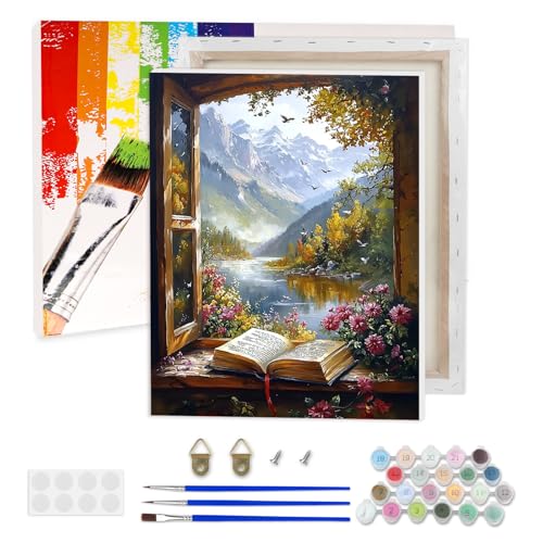 AIRDEA Buchfensterbank Malen nach Zahlen Erwachsene, Fluss DIY Handgemalt Ölgemälde Kit, Paint by Numbers mit 3-Pinseln und Acrylfarbe 30x40 cm (Gerahmt) von AIRDEA