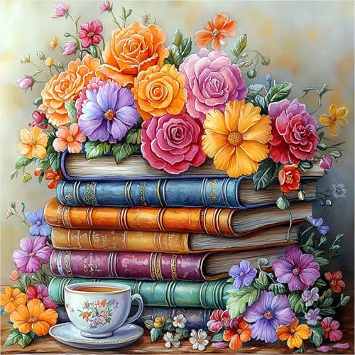 AIRDEA Bücher Blumen Diamond Painting Erwachsene, Kaffeetasse Diamant Painting Bilder, DIY 5D Bastelset Erwachsene Frauen als Haus Wanddeko 30x30 cm von AIRDEA