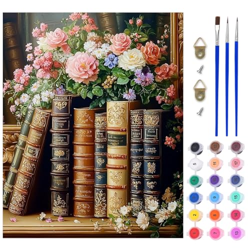 AIRDEA Bücher Malen nach Zahlen Erwachsene, DIY Handgemalt Ölgemälde Kit, Bunte Blumen Paint by Numbers mit 3-Pinseln und Acrylfarbe 40x50 cm (Ohne Rahmen) von AIRDEA