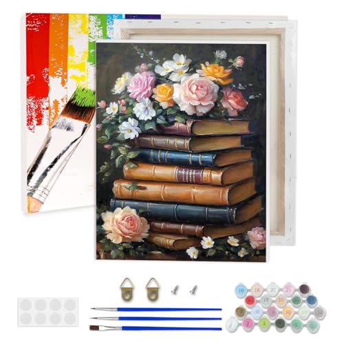 AIRDEA Bücher Malen nach Zahlen Erwachsene, DIY Handgemalt Ölgemälde Kit, Vintage-Rosen Paint by Numbers mit 3-Pinseln und Acrylfarbe 30x40 cm (Gerahmt) von AIRDEA