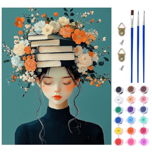 AIRDEA Bücherfrau Malen nach Zahlen Erwachsene, DIY Handgemalt Ölgemälde Kit, Blumen Paint by Numbers mit 3-Pinseln und Acrylfarbe 40x50 cm (Ohne Rahmen) von AIRDEA
