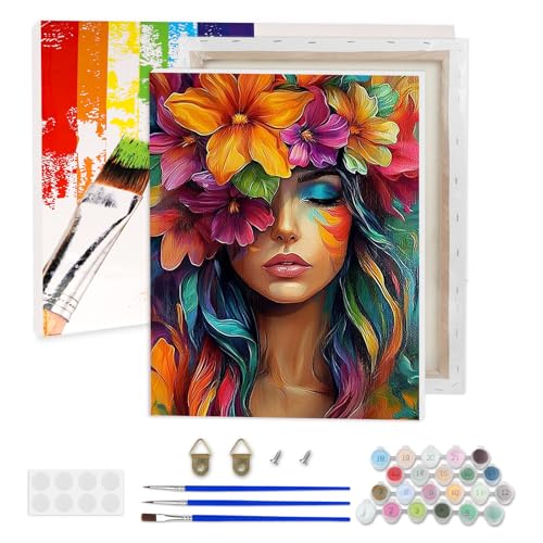 AIRDEA Bunte Blumen Malen nach Zahlen Erwachsene, Schöne Frau DIY Handgemalt Ölgemälde Kit, Paint by Numbers mit 3-Pinseln und Acrylfarbe 30x40 cm (Gerahmt) von AIRDEA