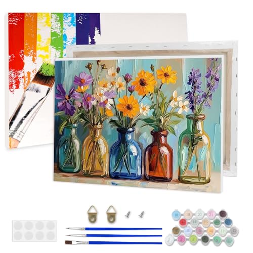 AIRDEA Bunte Glasflaschen Malen nach Zahlen Erwachsene, DIY Handgemalt Ölgemälde Kit, Wildblumen Paint by Numbers mit 3-Pinseln und Acrylfarbe 40x30 cm (Gerahmt) von AIRDEA