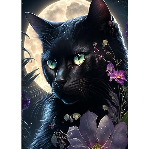 AIRDEA DIY Katze Diamond Painting Set Erwachsene Kinder, Blumen Diamant Painting Bilder 5D Tier Schwarze Katze Diamant Kunst Mondnacht Diamant Malerei Set Cross Stickerei Malerei Kits 30x40 cm von AIRDEA