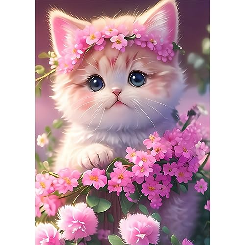 AIRDEA DIY Katze Diamond Painting Set Erwachsene Kinder, Fantasie Diamant Painting Bilder 5D Rosa Blumen Diamant Kunst Katze Diamant Malerei Set Cross Stickerei Malerei Kits für Heimdekor 30x40 cm von AIRDEA