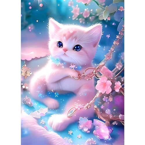 AIRDEA DIY Rosa Katze Diamond Painting Set Erwachsene Kinder, Blumen Diamant Painting Bilder 5D Kätzchen Diamant Kunst Fantasie Diamant Malerei Set Cross Stickerei Malerei Kits für Heimdekor 30x40 cm von AIRDEA