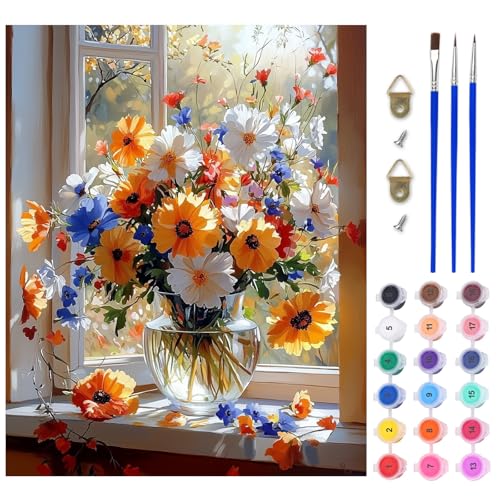AIRDEA Fenster Malen nach Zahlen Erwachsene, DIY Handgemalt Ölgemälde Kit, Blumenstrauß Paint by Numbers mit 3-Pinseln und Acrylfarbe 40x50 cm (Ohne Rahmen) von AIRDEA