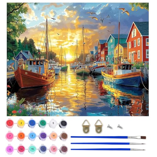 AIRDEA Fischerboote Malen nach Zahlen Erwachsene, DIY Handgemalt Ölgemälde Kit, Hafen Paint by Numbers mit 3-Pinseln und Acrylfarbe 50x40 cm (Ohne Rahmen) von AIRDEA