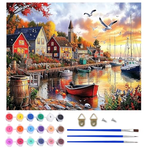 AIRDEA Fischerdorf Malen nach Zahlen Erwachsene, DIY Handgemalt Ölgemälde Kit, Hafen Paint by Numbers mit 3-Pinseln und Acrylfarbe 50x40 cm (Ohne Rahmen) von AIRDEA