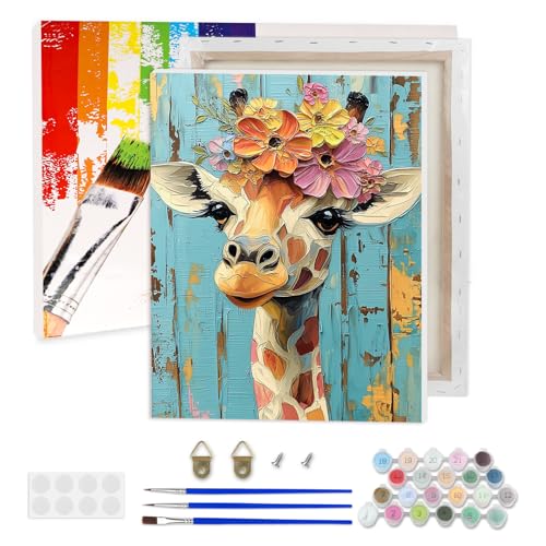 AIRDEA Giraffe Malen nach Zahlen Erwachsene, Blumen DIY Handgemalt Ölgemälde Kit, Paint by Numbers mit 3-Pinseln und Acrylfarbe 30x40 cm (Gerahmt) von AIRDEA