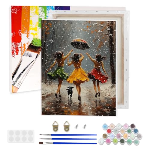 AIRDEA Glückliche Frauen Malen nach Zahlen Erwachsene, DIY Handgemalt Ölgemälde Kit, Verschneiter Wald Paint by Numbers mit 3-Pinseln und Acrylfarbe 30x40 cm (Gerahmt) von AIRDEA
