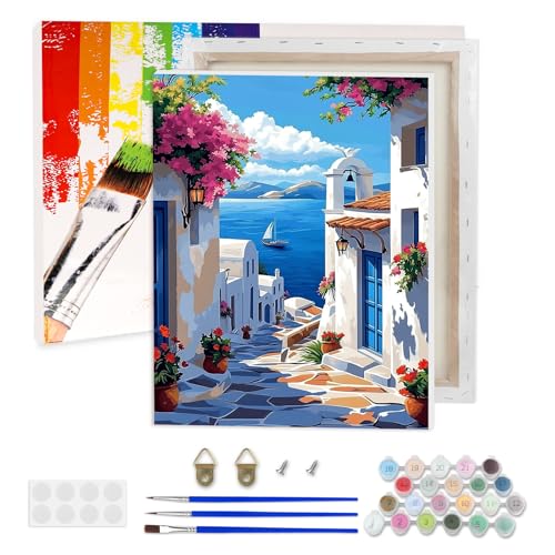 AIRDEA Griechische Gebäude Malen nach Zahlen Erwachsene, Ozean DIY Handgemalt Ölgemälde Kit, Paint by Numbers mit 3-Pinseln und Acrylfarbe 30x40 cm (Gerahmt) von AIRDEA