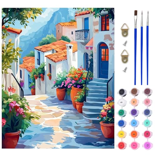 AIRDEA Griechische Straße Malen nach Zahlen Erwachsene, DIY Handgemalt Ölgemälde Kit, Topfpflanzen Paint by Numbers mit 3-Pinseln und Acrylfarbe 40x50 cm (Ohne Rahmen) von AIRDEA