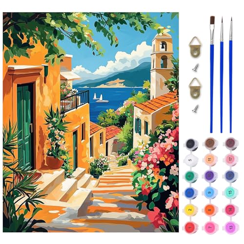 AIRDEA Griechisches Dorf Malen nach Zahlen Erwachsene, DIY Handgemalt Ölgemälde Kit, Straßen Paint by Numbers mit 3-Pinseln und Acrylfarbe 40x50 cm (Ohne Rahmen) von AIRDEA