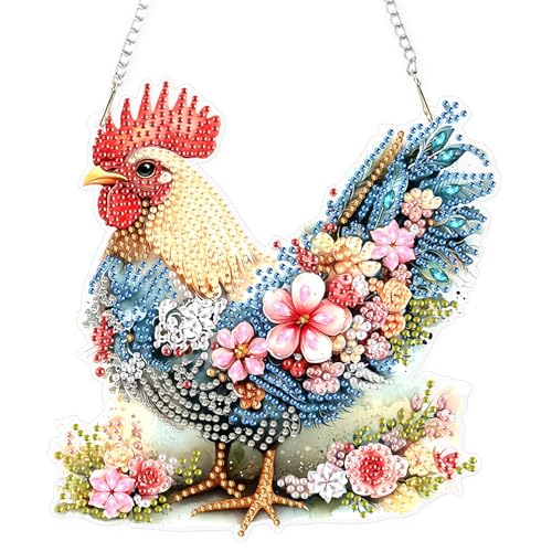 AIRDEA Huhn Blumen Diamond Painting Fensterbilder, 5D Brillante Szene Diamond Painting Fensterbilder Beidseitig, Bausätze für Diamantmalerei Suncatcher Erwachsene 8x7 inch von AIRDEA